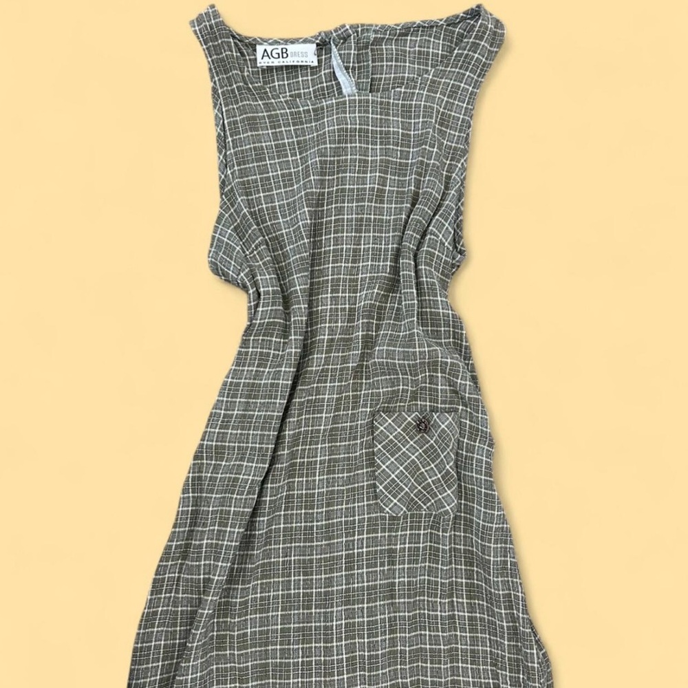 AGB Linen Blend Checkered Sleeveless Dress in Olive